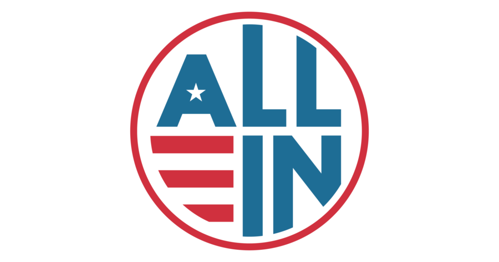 “All In” logo in red, white, and blue