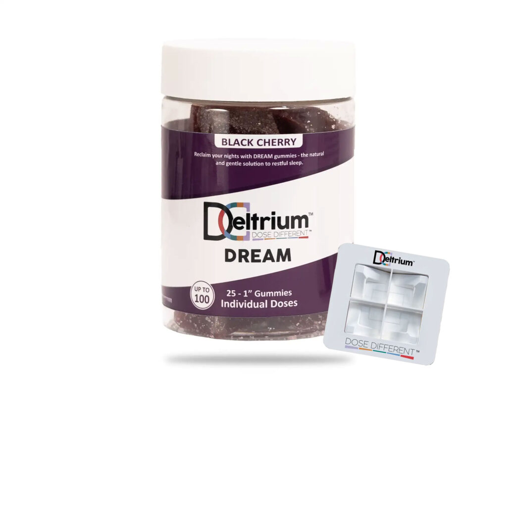 Deltrium DREAM Black Cherry THC gummies bottle with individual dose gummies and DeltriumDivider dosing tool displayed beside it.