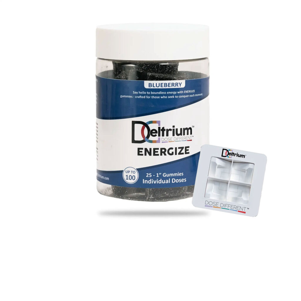 Deltrium ENERGIZE Blueberry THC gummies bottle with individual dose gummies and DeltriumDivider portioning tool displayed beside it.