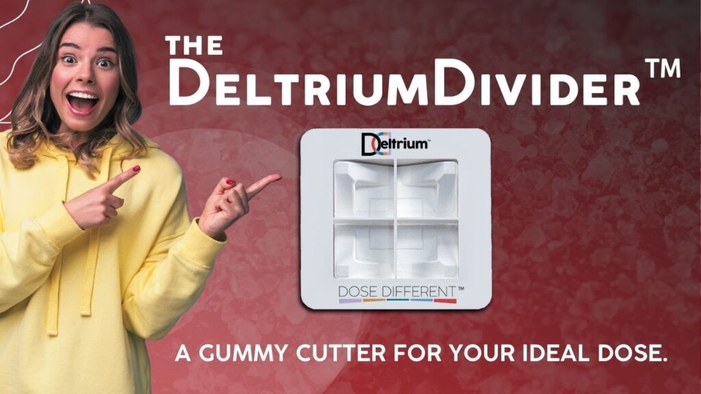 Woman pointing excitedly at the DeltriumDivider gummy cutter tool displayed with text promoting precise dosing for ideal THC gummy portions.